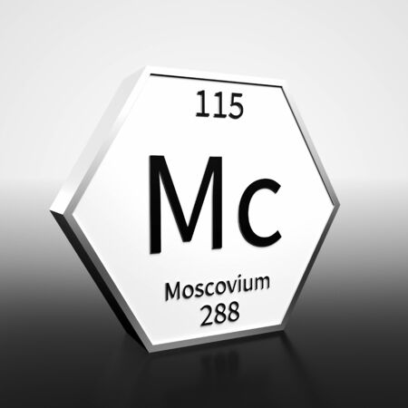 Metal hexagonal block representing the periodic table element Moscovium. Presented as black text on a white backing plate with a black and white gradient background. This image is a 3d render.の写真素材