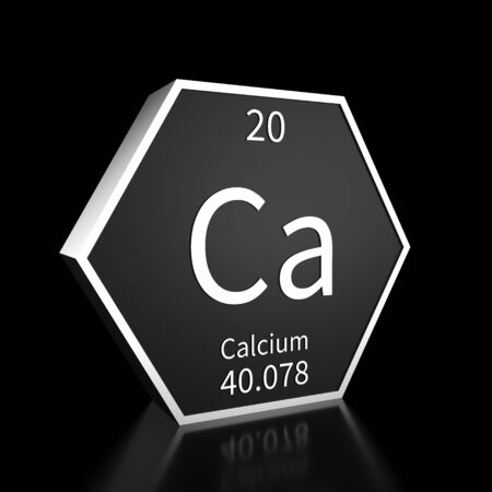 Metal hexagonal block representing the periodic table element Calcium. Presented as white text on a black backing plate with a black background. This image is a 3d render.の写真素材
