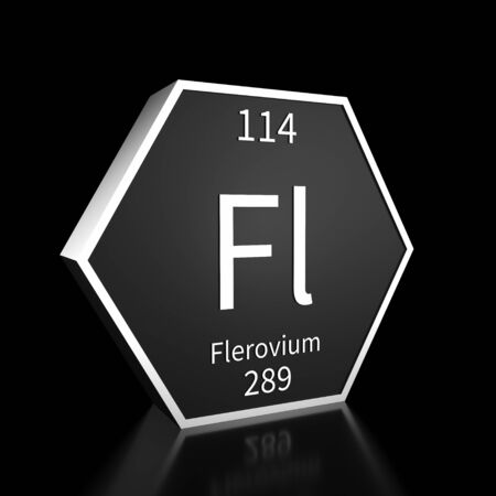 Metal hexagonal block representing the periodic table element Flerovium. Presented as white text on a black backing plate with a black background. This image is a 3d render.の写真素材