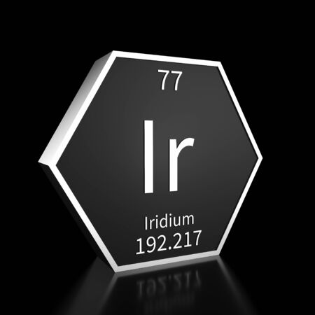 Metal hexagonal block representing the periodic table element Iridium. Presented as white text on a black backing plate with a black background. This image is a 3d render.の写真素材