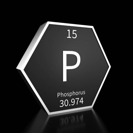 Metal hexagonal block representing the periodic table element Phosphorus. Presented as white text on a black backing plate with a black background. This image is a 3d render.の写真素材