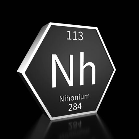 Metal hexagonal block representing the periodic table element Nihonium. Presented as white text on a black backing plate with a black background. This image is a 3d render.の写真素材