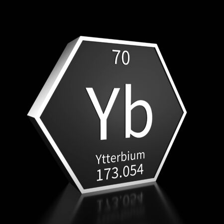Metal hexagonal block representing the periodic table element Ytterbium. Presented as white text on a black backing plate with a black background. This image is a 3d render.の写真素材