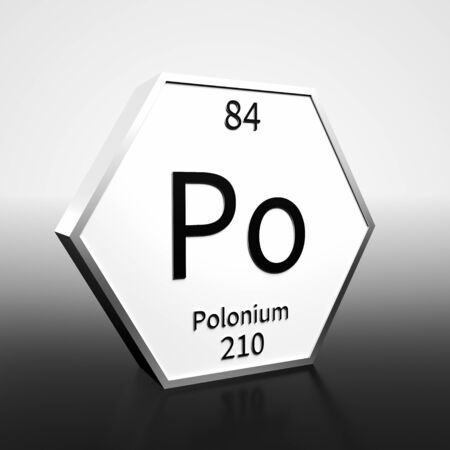 Metal hexagonal block representing the periodic table element Polonium. Presented as black text on a white backing plate with a black and white gradient background. This image is a 3d render.の写真素材