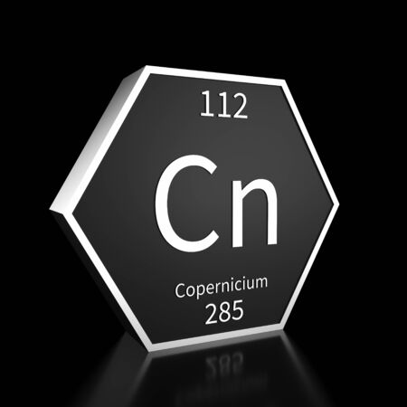 Metal hexagonal block representing the periodic table element Copernicium . Presented as white text on a black backing plate with a black background. This image is a 3d render.の写真素材