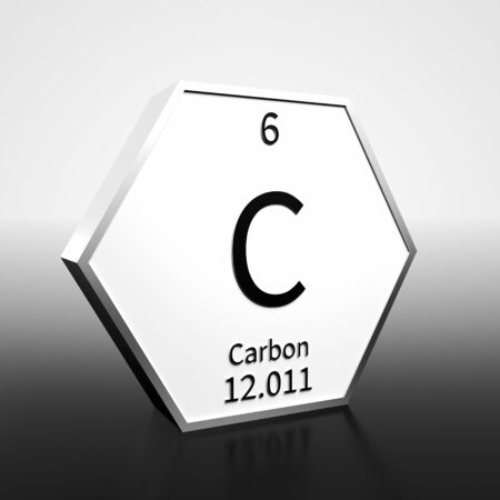 Metal hexagonal block representing the periodic table element Carbon. Presented as black text on a white backing plate with a black and white gradient background. This image is a 3d render.の写真素材