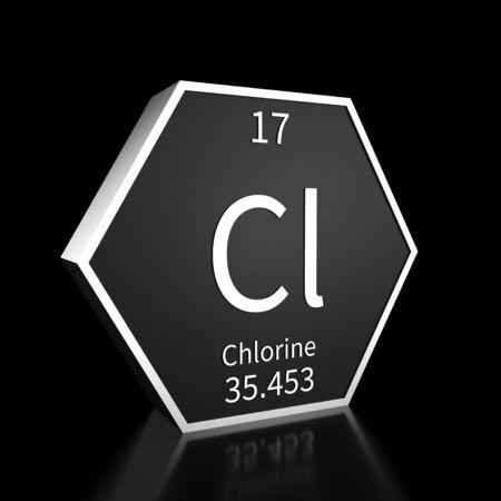 Metal hexagonal block representing the periodic table element Chlorine. Presented as white text on a black backing plate with a black background. This image is a 3d render.の写真素材