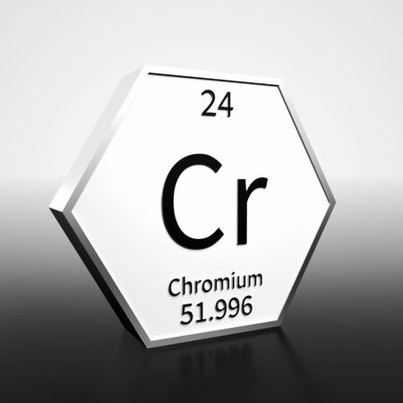 Metal hexagonal block representing the periodic table element Chromium. Presented as black text on a white backing plate with a black and white gradient background. This image is a 3d render.の写真素材