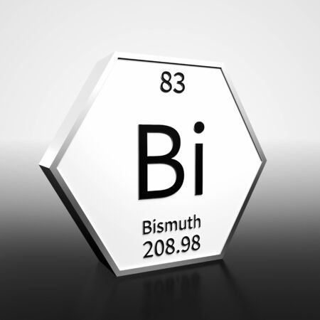 Metal hexagonal block representing the periodic table element Bismuth. Presented as black text on a white backing plate with a black and white gradient background. This image is a 3d render.の写真素材