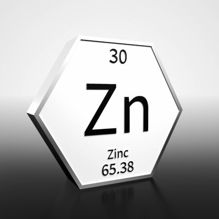 Metal hexagonal block representing the periodic table element Zinc. Presented as black text on a white backing plate with a black and white gradient background. This image is a 3d render.の写真素材