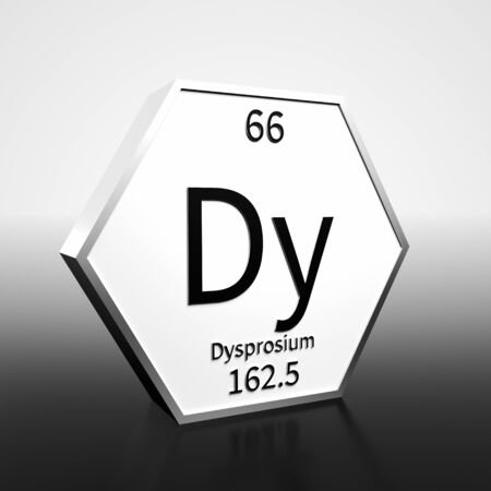 Metal hexagonal block representing the periodic table element Dysprosium. Presented as black text on a white backing plate with a black and white gradient background. This image is a 3d render.の写真素材