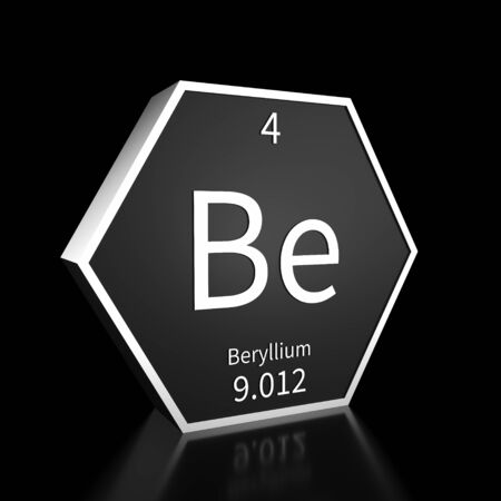 Metal hexagonal block representing the periodic table element Beryllium. Presented as white text on a black backing plate with a black background. This image is a 3d render.の写真素材