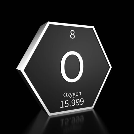 Metal hexagonal block representing the periodic table element Oxygen. Presented as white text on a black backing plate with a black background. This image is a 3d render.の写真素材