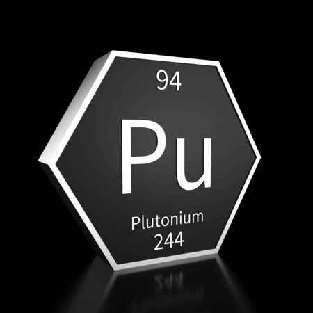 Metal hexagonal block representing the periodic table element Plutonium. Presented as white text on a black backing plate with a black background. This image is a 3d render.の写真素材