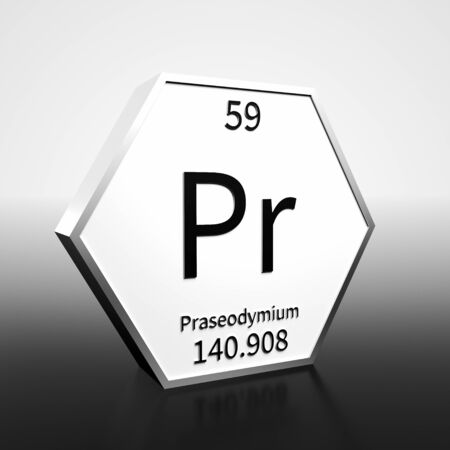 Metal hexagonal block representing the periodic table element Praseodymium. Presented as black text on a white backing plate with a black and white gradient background. This image is a 3d render.の写真素材