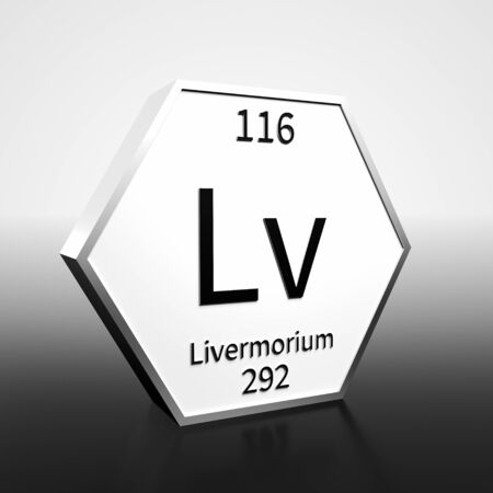 Metal hexagonal block representing the periodic table element Livermorium. Presented as black text on a white backing plate with a black and white gradient background. This image is a 3d render.の写真素材