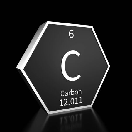 Metal hexagonal block representing the periodic table element Carbon. Presented as white text on a black backing plate with a black background. This image is a 3d render.の写真素材