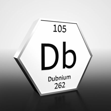 Metal hexagonal block representing the periodic table element Dubnium. Presented as black text on a white backing plate with a black and white gradient background. This image is a 3d render.の写真素材