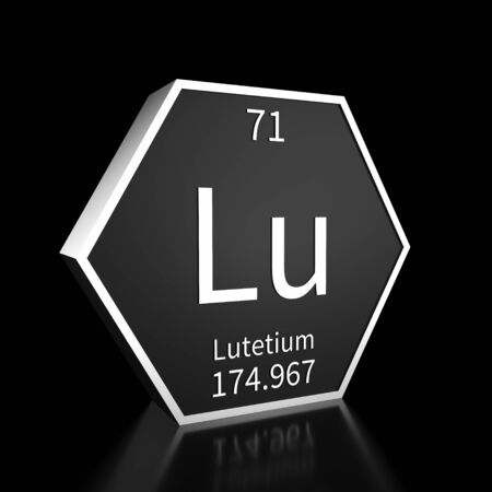 Metal hexagonal block representing the periodic table element Lutetium. Presented as white text on a black backing plate with a black background. This image is a 3d render.の写真素材