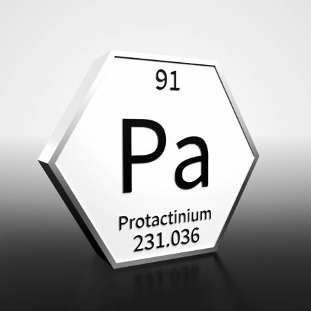 Metal hexagonal block representing the periodic table element Protactinium. Presented as black text on a white backing plate with a black and white gradient background. This image is a 3d render.の写真素材