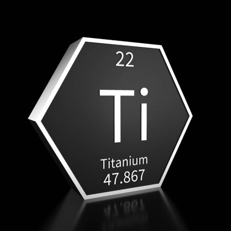 Metal hexagonal block representing the periodic table element Titanium. Presented as white text on a black backing plate with a black background. This image is a 3d render.の写真素材