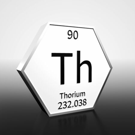 Metal hexagonal block representing the periodic table element Thorium. Presented as black text on a white backing plate with a black and white gradient background. This image is a 3d render.の写真素材
