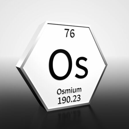 Metal hexagonal block representing the periodic table element Osmium. Presented as black text on a white backing plate with a black and white gradient background. This image is a 3d render.の写真素材