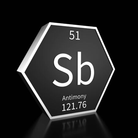 Metal hexagonal block representing the periodic table element Antimony. Presented as white text on a black backing plate with a black background. This image is a 3d render.の写真素材