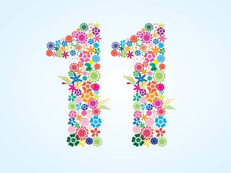 Vector Colorful Floral 11 Number Design isolated on white background. Floral Number Eleven Vector Typeface.のイラスト素材
