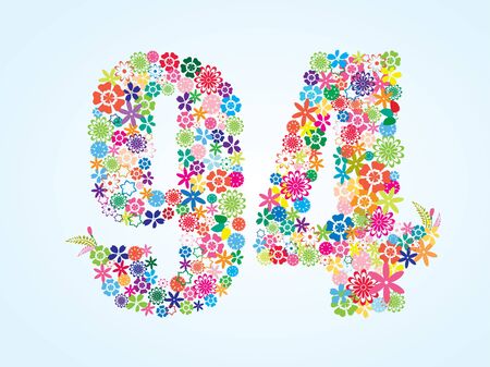 Vector Colorful Floral 94 Number Design isolated on white background. Floral Number Ninety Four Vector Typeface.のイラスト素材