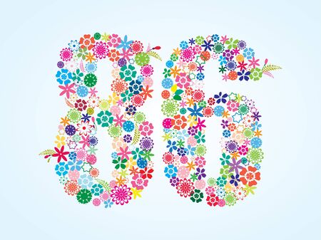 Vector Colorful Floral 86 Number Design isolated on white background. Floral Number Eighty Six Vector Typeface.のイラスト素材