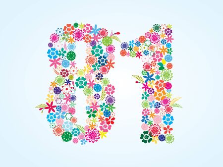 Vector Colorful Floral 81 Number Design isolated on white background. Floral Number Eighty One Vector Typeface.のイラスト素材