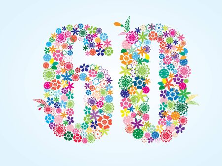 Vector Colorful Floral 60 Number Design isolated on white background. Floral Number Sixty Vector Typeface.のイラスト素材