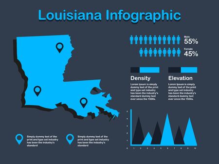 Louisiana State (USA) Map with Set of Infographic Elements in Blue Color in Dark Background. Modern Information Graphics Element for your design.のイラスト素材