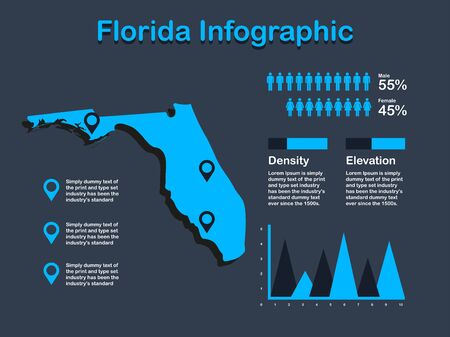 Florida State (USA) Map with Set of Infographic Elements in Blue Color in Dark Background. Modern Information Graphics Element for your design.のイラスト素材