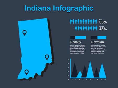 Indiana State (USA) Map with Set of Infographic Elements in Blue Color in Dark Background. Modern Information Graphics Element for your design.のイラスト素材