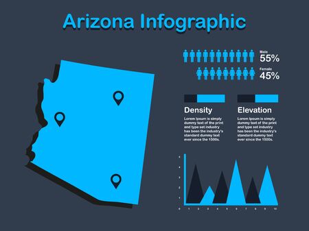 Arizona State (USA) Map with Set of Infographic Elements in Blue Color in Dark Background. Modern Information Graphics Element for your design.のイラスト素材