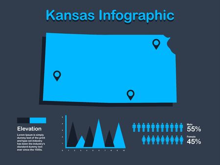 Kansas State (USA) Map with Set of Infographic Elements in Blue Color in Dark Background. Modern Information Graphics Element for your design.のイラスト素材