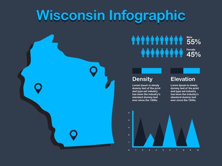Wisconsin State (USA) Map with Set of Infographic Elements in Blue Color in Dark Background. Modern Information Graphics Element for your design.のイラスト素材