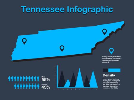 Tennessee State (USA) Map with Set of Infographic Elements in Blue Color in Dark Background. Modern Information Graphics Element for your design.のイラスト素材