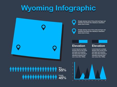 Wyoming State (USA) Map with Set of Infographic Elements in Blue Color in Dark Background. Modern Information Graphics Element for your design.のイラスト素材