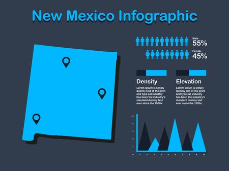 New Mexico State (USA) Map with Set of Infographic Elements in Blue Color in Dark Background. Modern Information Graphics Element for your design.のイラスト素材