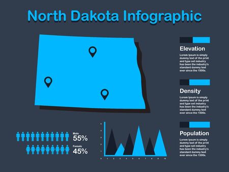 North Dakota State (USA) Map with Set of Infographic Elements in Blue Color in Dark Background. Modern Information Graphics Element for your design.のイラスト素材