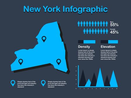 New York State (USA) Map with Set of Infographic Elements in Blue Color in Dark Background. Modern Information Graphics Element for your design.のイラスト素材