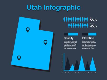 Utah State (USA) Map with Set of Infographic Elements in Blue Color in Dark Background. Modern Information Graphics Element for your design.のイラスト素材