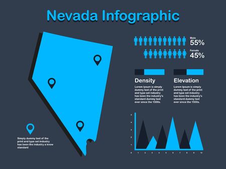 Nevada State (USA) Map with Set of Infographic Elements in Blue Color in Dark Background. Modern Information Graphics Element for your design.のイラスト素材