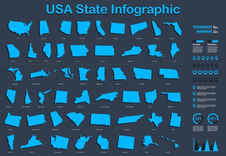 USA All State Map with Set of Infographic Elements in Blue Color in Dark Background. Modern Information Graphics Element for your design.のイラスト素材