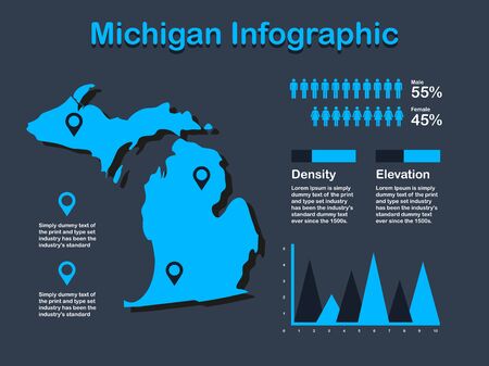 Michigan State (USA) Map with Set of Infographic Elements in Blue Color in Dark Background. Modern Information Graphics Element for your design.のイラスト素材
