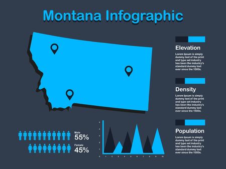Montana State (USA) Map with Set of Infographic Elements in Blue Color in Dark Background. Modern Information Graphics Element for your design.のイラスト素材