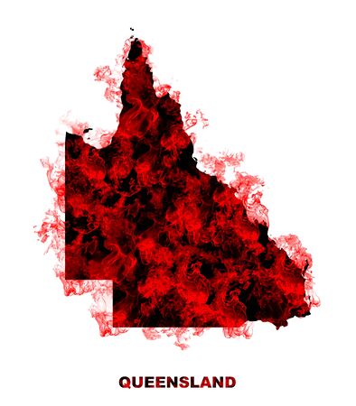Queensland Map Fire on White Background. Bushfire In Australia Wilderness. Save Australia Concept. Series of Massive Bushfires Across Australia.の写真素材